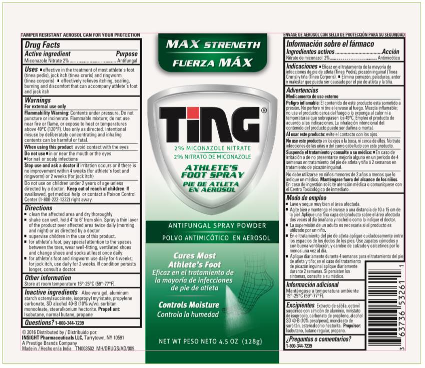 Ting ®
Athlete’s Foot Spray

2% Miconazole Nitrate
Antifungal Spray Powder

Net WT 4.5 oz (128 g)
