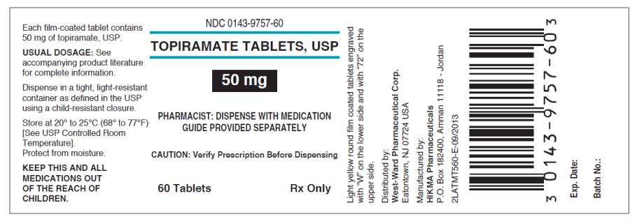 NDC 0143-9757-60 Toporamate Tablets, USP 50 mg Rx only 60 TABLETS