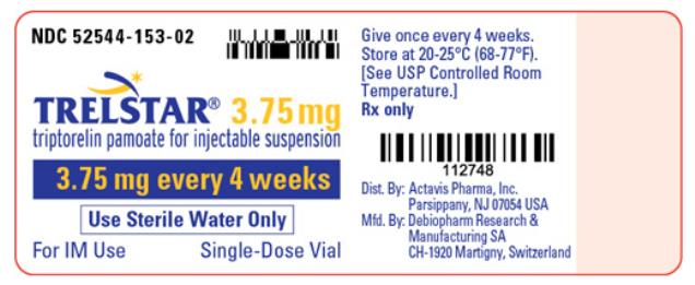 PRINCIPAL DISPLAY PANEL
NDC 52544-153-02
TRELSTAR
3.75 mg
triptorelin pamoate for injectable suspension
3.75 mg every 4 weeks
Use Sterile Water Only
For IM Use
Single-Dose Vial
Rx Only
