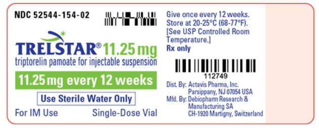 PRINCIPAL DISPLAY PANEL
NDC 52544-154-02
TRELSTAR
11.25 mg
triptorelin pamoate for injectable suspension
11.25 mg every 12 weeks
Use Sterile Water Only
For IM Use
Single-Dose Vial
Rx Only
