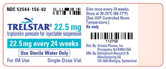 PRINCIPAL DISPLAY PANEL
NDC 52544-156-02
TRELSTAR
22.5 mg
triptorelin pamoate for injectable suspension
22.5 mg every 24 weeks
Use Sterile Water Only
For IM Use
Single-Dose Vial
Rx Only
