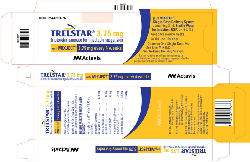 PRINCIPAL DISPLAY PANEL
NDC 52544-189-76
TRELSTAR
3.75 mg
triptorelin pamoate for injectable suspension
3.75 mg every 4 weeks
Rx Only
