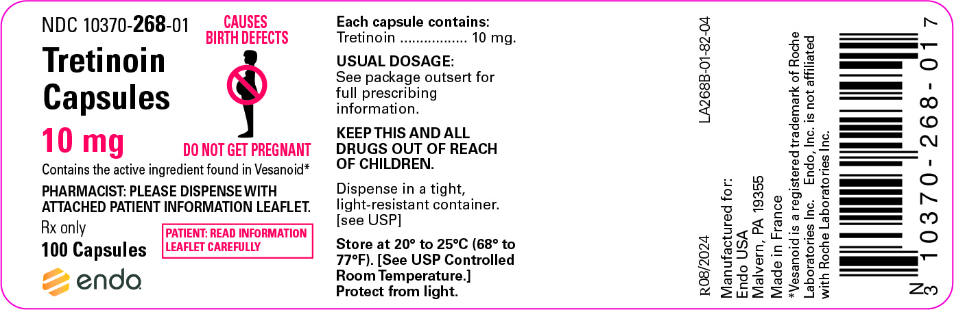 This is an image of tretinoin capsules 10 mg, 100 capsule bottle label.