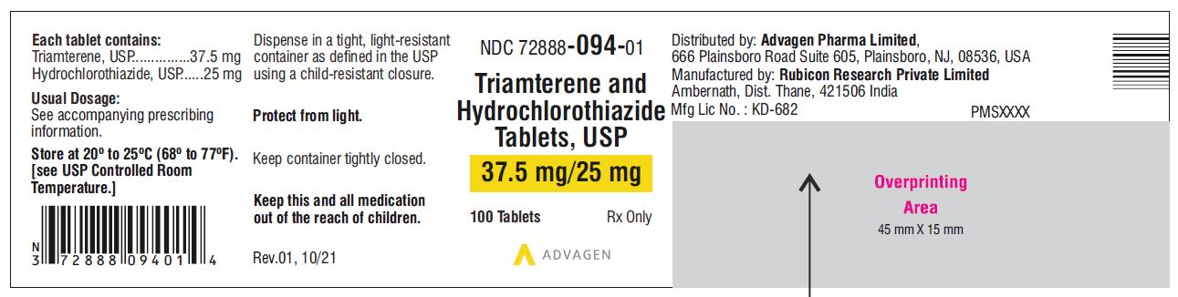 Triamterene and Hydrochlorothiazide Tablets, USP 37.5mg/25 mg  - NDC 72888-094-01  - 100s Label