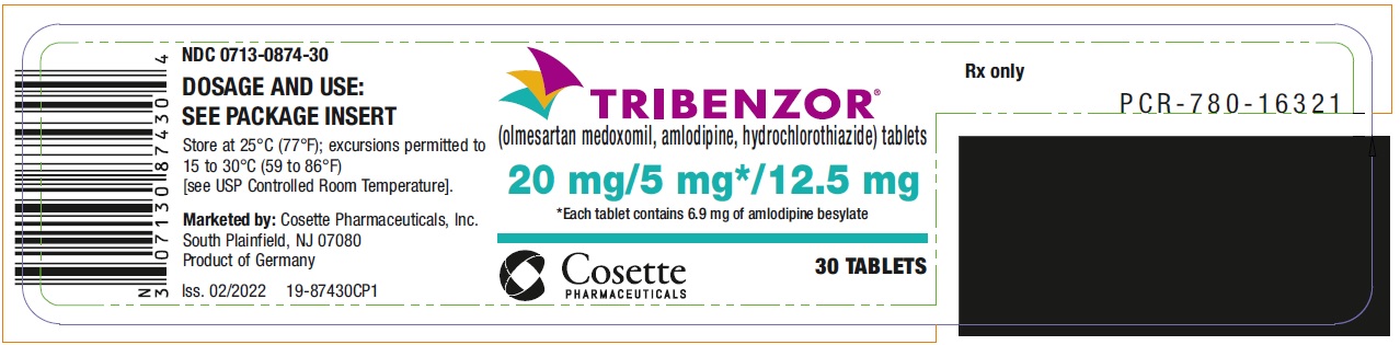 PRINCIPAL DISPLAY PANEL NDC 0713-0874-30 TRIBENZOR (olmesartan medoxomil, amlodipine, hydrochlorothiazide) tablets 20 mg/5 mg*/12.5 mg 30 Tablets Rx only
