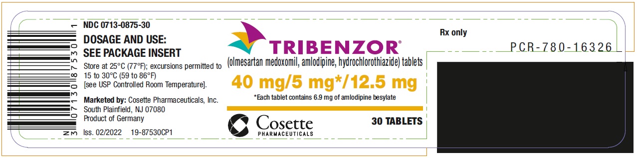 PRINCIPAL DISPLAY PANEL NDC 0713-0875-30 TRIBENZOR (olmesartan medoxomil, amlodipine, hydrochlorothiazide) tablets 40 mg/5 mg*/12.5 mg 30 Tablets Rx only