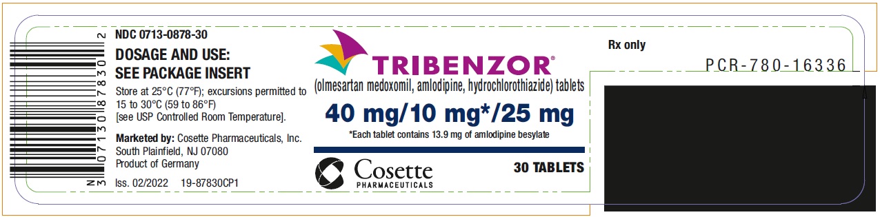 PRINCIPAL DISPLAY PANEL NDC 0713-0878-30 TRIBENZOR (olmesartan medoxomil, amlodipine, hydrochlorothiazide) tablets 40 mg/10 mg*/25 mg 30 Tablets Rx only