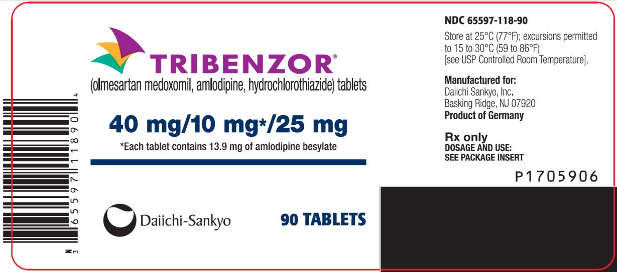 PRINCIPAL DISPLAY PANEL NDC 65597-118-90 TRIBENZOR (olmesartan medoxomil, amlodipine, hydrochlorothiazide) tablets 40 mg/10 mg* 25 mg 90 Tablets Rx Only