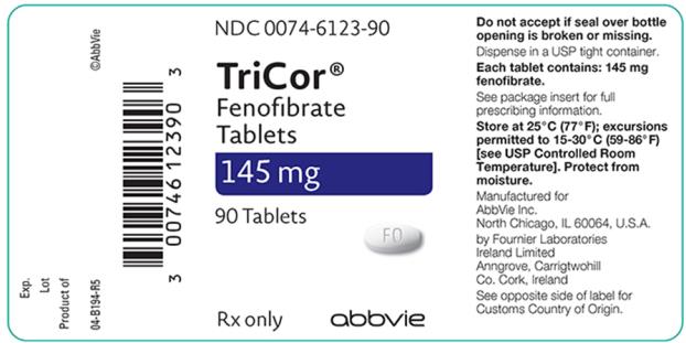 NDC 0074–6123–90 
TriCor®
Fenofibrate Tablets 
145 mg 
90 Tablets 
Rx only abbvie 
