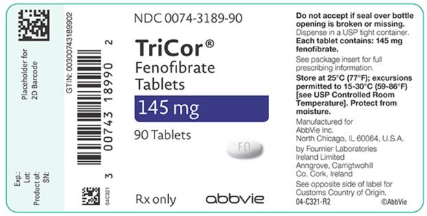 NDC 0074-3189-90 
TriCor®
Fenofibrate Tablets 
145 mg 
90 Tablets 
Rx only abbvie 
