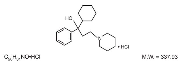 This is an image of the structural formula for Trihexyphenidyl Hydrochloride.