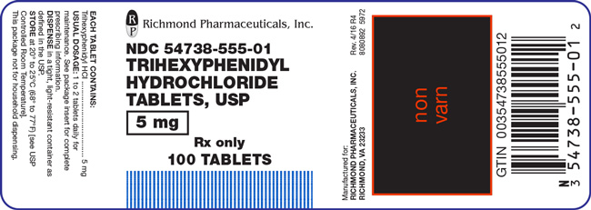 This is the label for Trihexyphenidyl Hydrochloride Tablets, USP 5 mg 100 count.