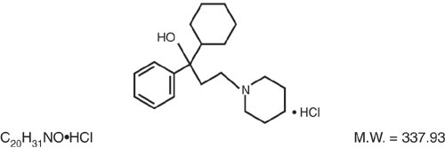 This is an image of the structural formula for Trihexyphenidyl HC.
