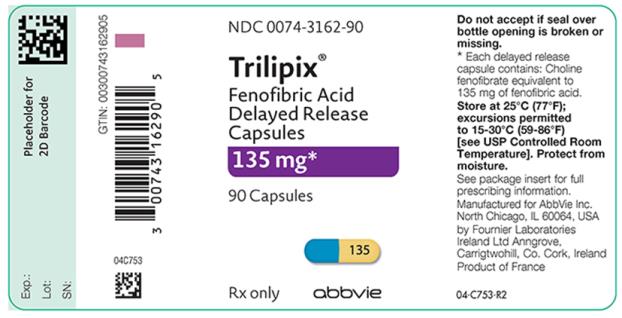 NDC 0074-3162-90 
Trilipix®
Fenofibric Acid Delayed Release
Capsules 135 mg*
90 Capsules 
Rx only abbvie 
