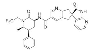 The following structural formula for UBRELVY is ubrogepant, a calcitonin gene-related peptide (CGRP) receptor antagonist. The chemical name of ubrogepant is (3'S)-N-((3S,5S,6R)-6-methyl-2-oxo-5-phenyl-1-(2,2,2-trifluoroethyl)piperidin-3-yl)-2'-oxo-1',2',5,7-tetrahydrospiro[cyclopenta[b]pyridine-6,3'-pyrrolo[2,3-b]pyridine]-3-carboxamide.