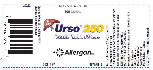 - Urso 250 Bottle Label
NDC 58914-785-10
100 tablets
Rx only
Urso® 250
(Ursodiol Tablets, USP) 250 mg
Allergan™
