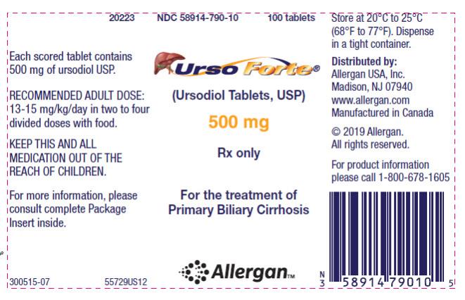 Principal Display Panel 
- Urso 500 Bottle Label
NDC 58914-790-10
100 tablets
Urso Forte®
(Ursodiol Tablets, USP)
500 mg
Rx only
For the treatment of
Primary Biliary Cirrhosis
Allergan™
