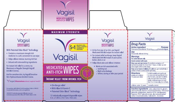 Maximum Strength
Vagisil®
Medicated Anti-Itch Wipes
Instant Relief From Intense Itch
Gynecologist Tested
Clinically Tested
•	On-the-go relief
•	With Aloe & Vitamin E
•	Patented Odor Block Technology
12 individually wrapped disposable wipes
5 in. x 7.28 in. (12.7 cm x 18.5 cm)
