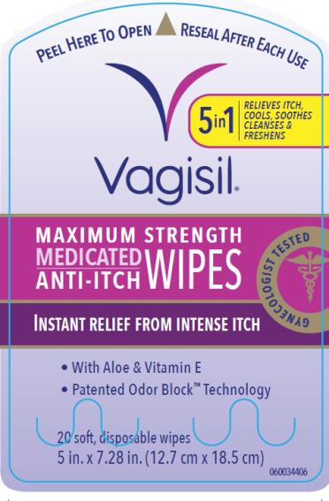 Principal Display Panel
Vagisil®
Maximum Strength
Medicated Anti-Itch Wipes
Gynecologist Tested
Instant Relief From Intense Itch
•	With Aloe & Vitamin E
•	Patented Odor Block Technology 
20 soft, disposable wipes
5 in. x 7.28 in. (12.7 cm x 18.5 cm)
