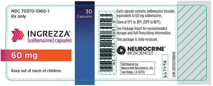 NDC 70370-1060-1
INGREZZA
(valbenazine) capsules
60 mg
30 Capsules
Rx Only
