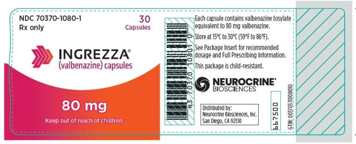 NDC 70370-1080-1
INGREZZA
(valbenazine) capsules
80 mg
30 Capsules
Rx Only
