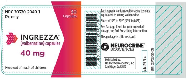 NDC 70370-2040-1
INGREZZA
(valbenazine) capsules
40 mg
30 Capsules
Rx Only
