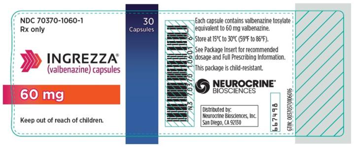 NDC 70370-1060-1
INGREZZA
(valbenazine) capsules
60 mg
30 Capsules
Rx Only
 