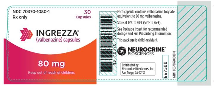 NDC 70370-1080-1
INGREZZA
(valbenazine) capsules
80 mg
30 Capsules
Rx Only
