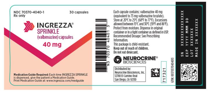 NDC 70370-4040-1
INGREZZA SPRINKLE
(valbenazine) capsules
40 mg
30 capsules
Rx Only
