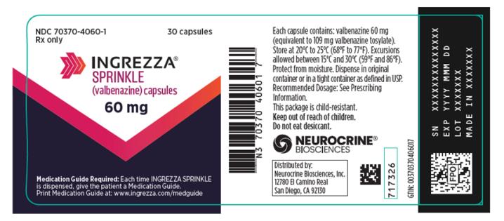 NDC 70370-4060-1
INGREZZA SPRINKLE
(valbenazine) capsules
60 mg
30 capsules
Rx Only

