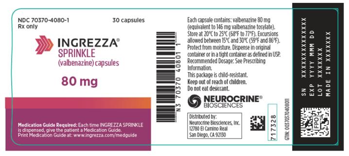 NDC 70370-4080-1
INGREZZA SPRINKLE
(valbenazine) capsules
80 mg
30 capsules
Rx Only
