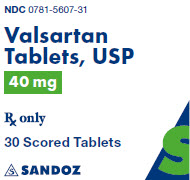 Package Label – 40 mg Rx Only NDC 0781-5607-31 Valsartan 40 mg 30 Scored Tablets