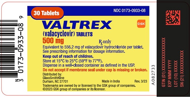 Valtrex 500 mg 30 count label