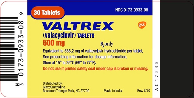 Valtrex 500mg 30 count label