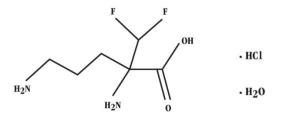 The following structural formula for eflornithine hydrochloride is (±) -2-(difluoromethyl) ornithine monohydrochloride monohydrate, with the empirical formula C6H12F2N2O2• HCl•H2O, a molecular weight of 236.65.
