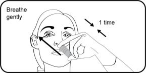 Step 6.  Place tongue to the roof of the mouth and breathe gently while spraying 1 (one) time. 
Repeat administration in the other nostril. 
Wait 2 (two) or 3 (three) minutes before blowing nose if needed.
