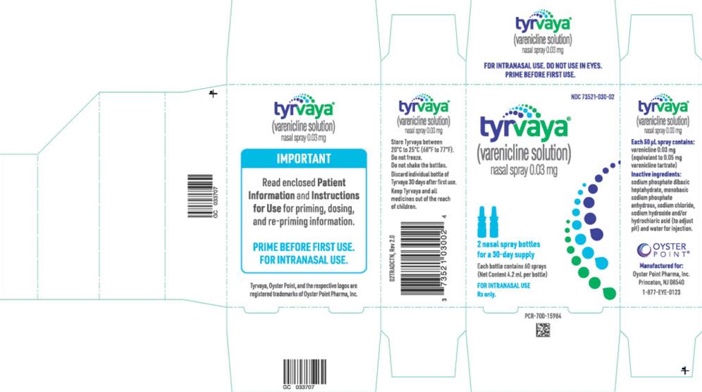 PRINCIPAL DISPLAY PANEL
NDC 73521-030-02
tyrvaya
(varenicline) nasal spray
0.03 mg per spray
2 nasal spray bottles
for a 30-day supply
