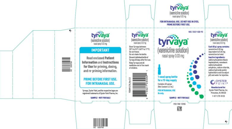 PRINCIPAL DISPLAY PANEL
NDC 73521-030-90
tyrvaya
(varenicline) nasal spray
0.03 mg per spray
1 nasal spray bottle
for a 15-day supply
