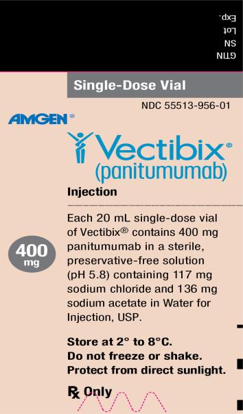 PRINCIPAL DISPLAY PANEL Single-Dose Vial NDC55513-956-01 AMGEN® Vectibix® (panitumumab) Injection 400 mg Each 20 mL single-dose vial of Vectibix® contains 400 mg panitumumab in a sterile, preservative-free solution (pH 5.8) containing 117 mg sodium chloride and 136 mg sodium acetate in Water for Injection, USP. Store at 2° to 8°C. Do not freeze or shake. Protect from direct sunlight. Rx Only