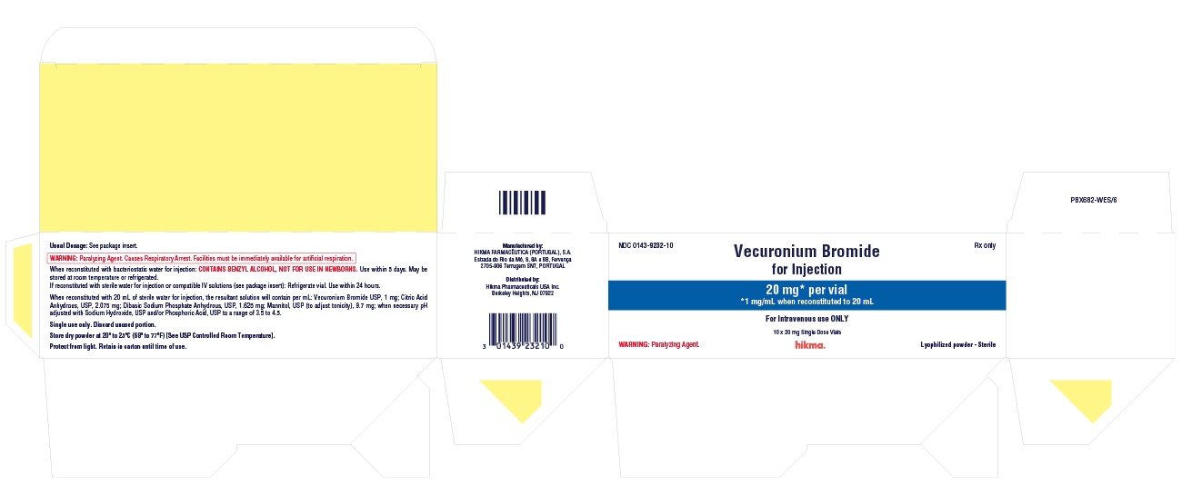 NDC 0143-9232-10 Rx only Vecuronium Bromide for Injection 20 mg* per vial *1 mg/mL when reconstituted to 20 mL For Intravenous use ONLY 10 x 20 mg Single Dose Vials WARNING: Paralyzing Agent Lyophilized powder – Sterile