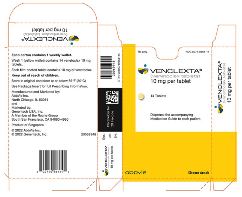NDC 0074–0561–14 
Rx only 
VENCLEXTA® 
(venetoclax tablets) 
10 mg 
14 Tablets 
Dispense the accompanying Medication Guide to each patient. 
abbvie 
Genentech 
