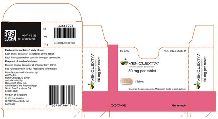 NDC 0074-0566-11 
Rx only 
VENCLEXTA® 
(venetoclax tablets) 
50 mg per tablet
1 Tablet 
Dispense the accompanying Medication Guide to each patient. 
abbvie 
Genentech 
