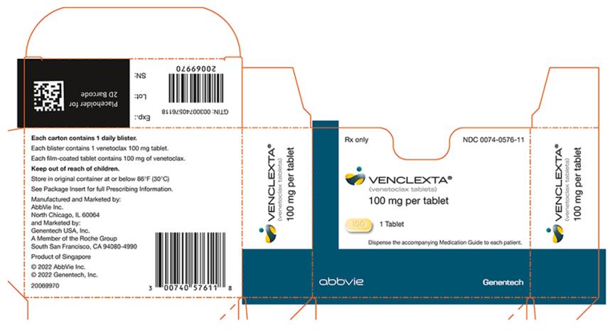 NDC 0074-0576-22 
Rx only 
VENCLEXTA® 
(venetoclax tablets) 
100 mg 
120 Tablets 
Dispense the accompanying Medication Guide to each patient. 
abbvie 
Genetech 
