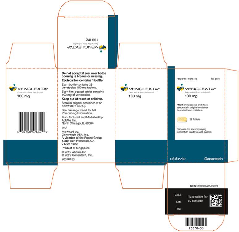 NDC 0074–0576–11 
Rx only 
VENCLEXTA® 
(venetoclax tablets) 
100 mg 
1 Tablet 
Dispense the accompanying Medication Guide to each patient. 
abbvie 
Genetech 
