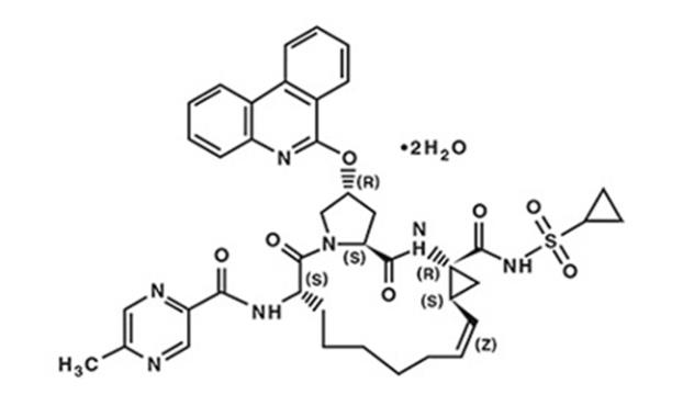 the following molecular structure for The chemical name of paritaprevir is (2R,6S,12Z,13aS,14aR,16aS)-N-(cyclopropylsulfonyl)-6-{[(5-methylpyrazin-2-yl)carbonyl]amino}-5,16-dioxo-2-(phenanthridin-6-yloxy)-1,2,3,6,7,8,9,10,11,13a,14,15,16,16a-tetradecahydrocyclopropa[e]pyrrolo[1,2-a][1,4] diazacyclopentadecine-14a(5H)-carboxamide dihydrate. The molecular formula is C40H43N7O7S•2H2O (dihydrate) and the molecular weight for the drug substance is 801.91 (dihydrate). The drug substance is white to off-white powder with very low water solubility. 