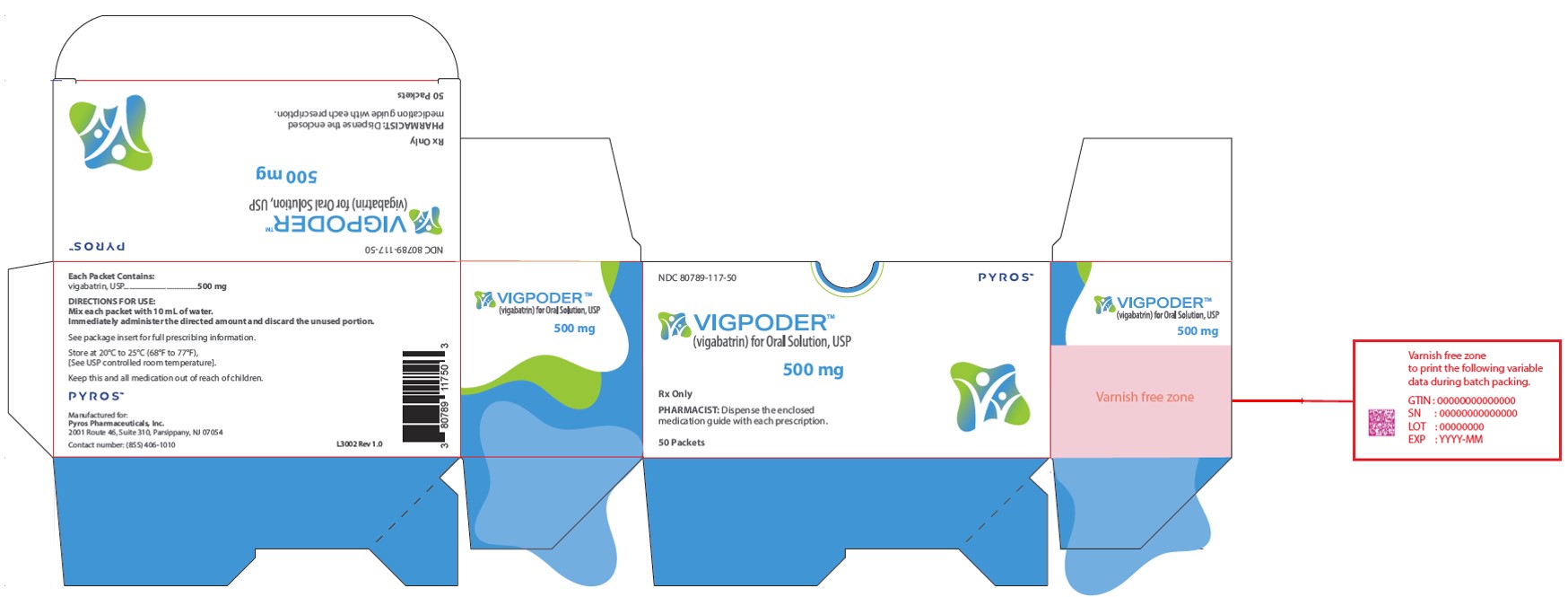 NDC 80789-117-50 VIGPODER™ (vigabatrin) for oral solution500 mg50 Single-Dose PacketsRx Only