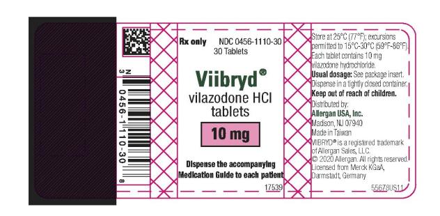 Rx only   NDC 0456-1110-30
30 Tablets 
Viibryd®
vilazodone HCl
tablets
10 mg
Dispense the accompanying
Medication Guide to each patient

