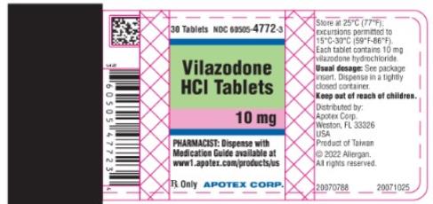 NDC 60505-4772-3
30 Tablets
Vilazodone HCI Tablets 10 mg
PHARMACIST: Dispense with
Medication Guide available at
www1.apotex.come/products/us
Rx Only
APOTEX CORP.
