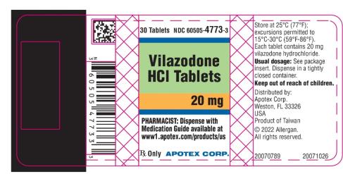 NDC 60505-4773-3
30 Tablets
Vilazodone HCI Tablets 20 mg
PHARMACIST: Dispense with
Medication Guide available at
www1.apotex.come/products/us
Rx Only
APOTEX CORP.
