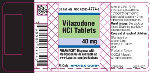 NDC 60505-4774-3
30 Tablets
Vilazodone HCI Tablets 40 mg
PHARMACIST: Dispense with
Medication Guide available at
www1.apotex.come/products/us
Rx Only
APOTEX CORP.
